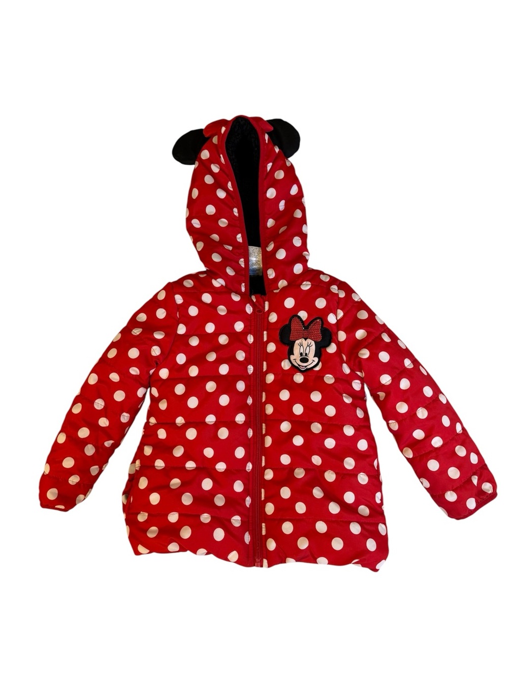 Disney Red & White Polka Dot Minnie Hooded Puffer Jacket, Size 5